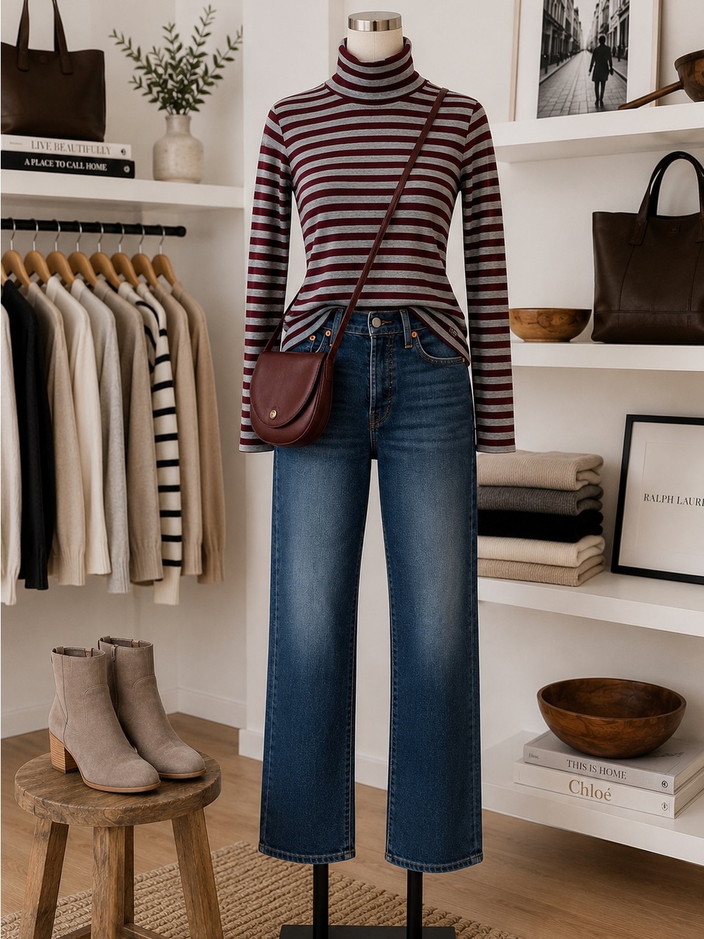Vintage Liz Claiborne Sport Stripe Turtleneck 100% Cotton Burgundy Gray Large
